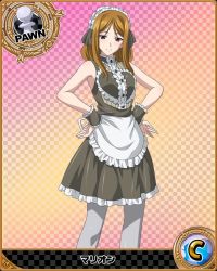 Rule 34 | 10s, 1girl, apron, artist request, brown eyes, brown hair, card (medium), character name, chess piece, gradient background, hairband, high school dxd, lolita hairband, long hair, maid headdress, marion (high school dxd), official art, pantyhose, pawn (chess), solo, trading card, wrist cuffs