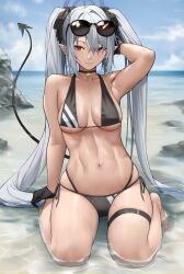 Rule 34 | 1girl, absurdres, arm up, beach, bikini, black choker, black gloves, blue archive, blush, breasts, choker, closed mouth, demon tail, eyewear on head, full body, gloves, grey hair, halo, highres, iori (blue archive), iori (swimsuit) (blue archive), long hair, medium breasts, multi-strapped bikini bottom, navel, pointy ears, red eyes, solo, stomach, sunglasses, swimsuit, tail, thigh strap, very long hair, water, wet, yoshio (55level)