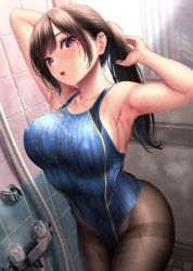 Rule 34 | 1girl, arm behind head, armpits, black hair, blue one-piece swimsuit, breasts, brown pantyhose, commentary request, competition swimsuit, covered erect nipples, cowboy shot, groin, highleg, highleg swimsuit, holding, holding hair, indoors, kase daiki, large breasts, long hair, looking at viewer, one-piece swimsuit, open mouth, original, pantyhose, pantyhose under swimsuit, ponytail, purple eyes, shower (place), shower head, solo, standing, striped clothes, striped one-piece swimsuit, swimsuit, thighband pantyhose, wet, wet clothes, wet pantyhose, wet swimsuit