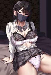 Rule 34 | 1girl, absurdres, black bra, black eyes, black hair, black skirt, bra, breasts, cleavage, collared shirt, commentary request, covered mouth, highres, indoors, jack dempa, large breasts, long hair, long sleeves, looking at viewer, mask, mouth mask, original, panties, plaid, plaid skirt, shirt, shirt tucked in, sitting, skirt, solo, thighs, underwear, white panties, white shirt