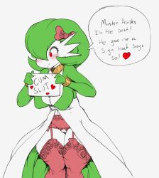 Rule 34 | 1girl, bow, bracelet, breasts, cleavage, cleft of venus, collar, colorized, creatures (company), game freak, gardevoir, garter belt, garter straps, gen 3 pokemon, green hair, hair ornament, holding, holding sign, jewelry, large breasts, monkeywithaafro, nintendo, pokemon, pokemon (creature), pussy, red eyes, sign, solo, source request, speech bubble, thighhighs, third-party edit