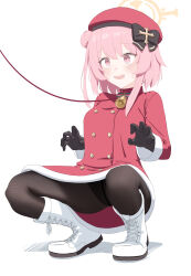 Rule 34 | absurdres, aimpoleume, bell, beret, blue archive, blush, boots, breasts, collar, halo, hat, highres, leash, medium breasts, official alternate costume, pantyhose, pink eyes, pink hair, serina (blue archive), serina (christmas) (blue archive), shadow, squatting, sweat, sweatdrop, white background