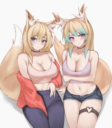 Rule 34 | 2girls, absurdres, animal ear fluff, animal ears, bare shoulders, black choker, black pants, black shorts, blonde hair, blue eyes, breast hold, breasts, camisole, choker, cleavage, collarbone, colored tips, crop top, cutoffs, denim, denim shorts, fox ears, fox girl, fox tail, gradient hair, grey shirt, highres, jacket, large breasts, long hair, looking at viewer, micro shorts, midriff, multicolored hair, multiple girls, navel, off shoulder, open clothes, open jacket, orange jacket, original, pants, parfait desu, parted lips, purple eyes, shirt, short shorts, shorts, sitting, skindentation, sleeveless, sleeveless shirt, smile, spaghetti strap, stomach, susabe (parfait desu), tail, thigh strap, thighs, vanica (parfait desu), white shirt