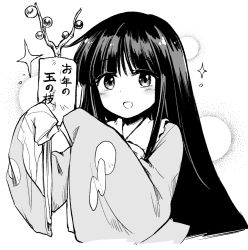 Rule 34 | 1girl, branch, greyscale, hime cut, houraisan kaguya, jeweled branch of hourai, long hair, mizumoto tadashi, monochrome, open mouth, sleeves past fingers, sleeves past wrists, smile, solo, touhou, translated, upper body, wide sleeves