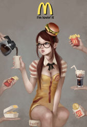 Rule 34 | 1girl, blue eyes, bobo1983, breasts, brown hair, cleavage, coca-cola, coffee, coffee pot, cup, drink, drinking straw, food, food on head, french fries, glasses, hairband, burger, hash browns, highres, lips, mcdonald&#039;s, medium breasts, mole, mole under mouth, object on head, pouring, product placement, sitting, soda, solo, twintails