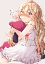 Rule 34 | 1girl, absurdres, blonde hair, bow, braid, camisole, embarrassed, frilled camisole, frills, from side, hair between eyes, hair bow, highres, holding, holding stuffed toy, hug, kirisame marisa, long hair, looking at viewer, mushroom, noritamaru, pout, red bow, single braid, sitting, skirt, sleepwear, solo, spoken blush, stuffed mushroom, stuffed toy, touhou, underwear, underwear only, very long hair, wavy hair, white camisole, yellow eyes