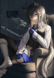 Rule 34 | 1girl, absurdres, animal ear fluff, animal ears, arknights, black hair, black pantyhose, blue gloves, blue necktie, blue shorts, boots, cigarette, collared shirt, couch, fingerless gloves, flippy (cripine111), gloves, highres, holding, holding cigarette, long hair, long sleeves, necktie, on couch, orange eyes, pantyhose, pantyhose under shorts, parted lips, shirt, shorts, sitting, smoke, smoking, texas (arknights), texas the omertosa (arknights), very long hair, white footwear, white shirt, wolf ears