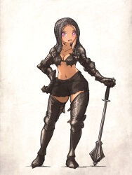Rule 34 | 1girl, alternate costume, armor, blonde hair, breasts, cleavage, coif, collarbone, ebenholz (ironlily), flanged mace, gauntlets, hand on own hip, highres, ironlily, looking at viewer, navel, original, pink eyes, pink hair, sabaton, shorts, solo