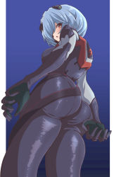 Rule 34 | 1girl, ass, ass focus, ayanami rei, black bodysuit, blue background, blue hair, blush, bodysuit, commentary request, eyes visible through hair, from below, fujitaka nasu, gradient background, interface headset, looking at viewer, looking down, neon genesis evangelion, plugsuit, red eyes, short hair, solo, standing, thighs