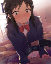 Rule 34 | 1boy, 1girl, black hair, black jacket, blazer, blue bow, blush, bow, bow panties, bowtie, brown eyes, chair, closed mouth, clothes lift, collared shirt, crotch rub, day, desk, dress shirt, female masturbation, green skirt, hair bow, highres, idolmaster, idolmaster cinderella girls, indoors, jacket, lifting another&#039;s clothes, long hair, long sleeves, looking at viewer, masturbation, out of frame, panties, parted bangs, plaid, plaid skirt, pleated skirt, red neckwear, school chair, school desk, school uniform, seneto, shirt, skirt, skirt lift, sleeves past wrists, solo focus, table humping, tachibana arisu, tears, underwear, v-shaped eyebrows, white panties, white shirt, window