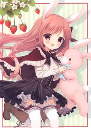 Rule 34 | 1girl, :d, absurdres, animal ears, black bow, black skirt, blue bow, blush, boots, bow, brown footwear, capelet, center frills, chitosezaka suzu, flower, food, frilled capelet, frilled thighhighs, frills, fruit, hair bow, highres, holding, holding stuffed toy, knee boots, long hair, looking at viewer, open mouth, original, pink hair, rabbit ears, red bow, red capelet, red eyes, shirt, skirt, smile, solo, strawberry, strawberry blossoms, striped background, striped clothes, striped skirt, stuffed animal, stuffed rabbit, stuffed toy, thighhighs, vertical-striped clothes, vertical-striped skirt, very long hair, white flower, white shirt, white thighhighs