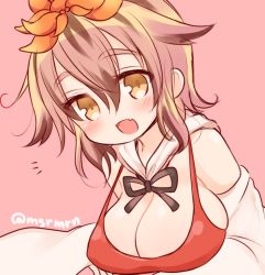 Rule 34 | 1girl, :d, bad id, bad pixiv id, blush, bow, breasts, brown eyes, brown hair, cape, cleavage, fang, female focus, flower, hair flower, hair ornament, large breasts, looking at viewer, lotus, mashiro miru, multicolored hair, open mouth, pink background, short hair, simple background, smile, solo, toramaru shou, touhou, twitter username, two-tone hair, yellow eyes