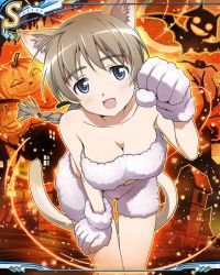 Rule 34 | 1girl, animal ear fluff, animal ears, artist request, breasts, brown hair, cleavage, clenched hand, collarbone, jack-o&#039;-lantern, looking at viewer, lynette bishop, official art, open mouth, solo, strike witches, world witches series