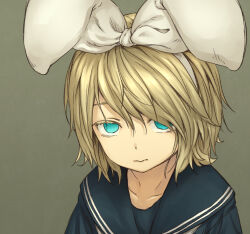 Rule 34 | 1girl, blonde hair, blue eyes, bow, broiler, empty eyes, expressionless, grey hair, hair bow, highres, kagamine rin, looking at viewer, sailor collar, school uniform, serafuku, short hair, simple background, solo, upper body, vocaloid