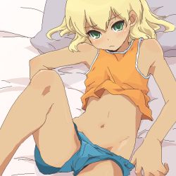 Rule 34 | 00s, 1boy, androgynous, bare shoulders, bed, blonde hair, child, dark-skinned male, dark skin, eye contact, flat chest, green eyes, inazuma eleven, inazuma eleven (series), inuzumi, looking at another, lying, male focus, midriff, miyasaka ryou, navel, oekaki, on back, pillow, shorts, solo, spread legs, tan, trap
