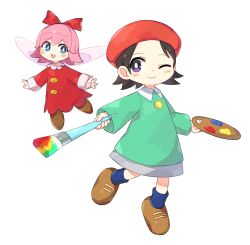 Rule 34 | 2girls, :d, ;), adeleine, beret, black hair, blue eyes, blue legwear, bright pupils, brown footwear, closed mouth, dress, fairy, fairy wings, full body, green dress, hair ribbon, hat, highres, holding, holding paintbrush, kirby: star allies, kirby (series), kirby 64, long sleeves, multiple girls, nintendo, one eye closed, open mouth, paintbrush, palette (object), pink hair, protected link, purple eyes, red dress, red hat, red ribbon, ribbon, ribbon (kirby), sasa kichi, shoes, short hair, simple background, smile, socks, white background, white pupils, wings