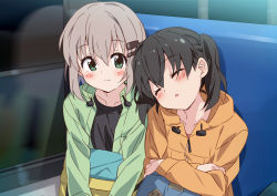 Rule 34 | 10s, 2girls, :o, backpack, bag, black hair, black shirt, blurry, blurry background, blush, brown hair, brown jacket, closed eyes, closed mouth, collarbone, depth of field, facing viewer, green eyes, green jacket, hair between eyes, hair ornament, hairclip, head tilt, highres, jacket, kuraue hinata, leaning on person, leaning to the side, looking at another, mousou (mousou temporary), multiple girls, night, open clothes, open jacket, parted lips, shirt, short hair, side-by-side, sitting, sleeping, sleeping on person, twintails, wavy mouth, window, yama no susume, yukimura aoi