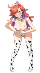 Rule 34 | 1girl, absurdres, animal ears, animal print, bent over, bikini, blush, bow, bowtie, breasts, cleavage, closed mouth, collarbone, cow ears, cow print, earrings, fake animal ears, full body, gluteal fold, gradient hair, hairband, halterneck, hand on own hip, hanging breasts, high heels, highres, hololive, hololive english, jewelry, kimpanzi, large breasts, long hair, looking at viewer, micro bikini, multicolored hair, navel, one eye closed, orange hair, print bow, print bowtie, print legwear, print thighhighs, purple eyes, side-tie bikini bottom, simple background, skindentation, smile, strap gap, strap pull, swept bangs, swimsuit, takanashi kiara, thighhighs, underwear, virtual youtuber, white footwear