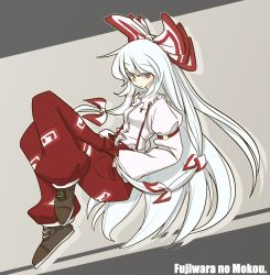 Rule 34 | 1girl, bad id, bad pixiv id, bow, brown eyes, character name, female focus, fujiwara no mokou, hair bow, hand in pocket, highres, long hair, nasutaka, shoes, sim san, solo, touhou, white hair