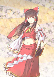 Rule 34 | 1girl, bare shoulders, bow, brown hair, cherry blossoms, detached sleeves, embellished costume, face, fangs, female focus, floral background, frills, gohei, gradient hair, hair bow, hair tubes, hakurei reimu, highres, japanese clothes, long hair, long skirt, midriff, miko, multicolored hair, navel, nozet, red eyes, red skirt, sarashi, skirt, solo, staring, touhou, wide sleeves