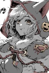 Rule 34 | 1girl, :t, animal ear hood, animal hands, brown eyes, candy, candy cane, capelet, cat paws, character request, check character, check copyright, checkerboard cookie, cookie, copyright request, djeeta (granblue fantasy), eating, fake animal ears, food, food on face, fur-trimmed capelet, fur trim, granblue fantasy, holding, holding food, hood, hood up, looking at viewer, nekomancer (granblue fantasy), parted bangs, partially colored, portrait, pumpkin, rakko-chan genkou-chuu, short hair, solo, white background