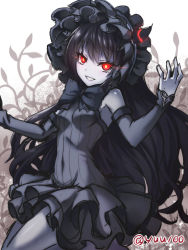 Rule 34 | 10s, 1girl, abyssal ship, bad id, bad pixiv id, black hair, breasts, detached sleeves, dress, glowing, glowing eyes, gothic lolita, horns, isolated island oni, kantai collection, lolita fashion, long hair, looking at viewer, oukawa yuu, pale skin, pantyhose, red eyes, small breasts, smile, solo, twitter username, wavy hair