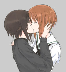 Rule 34 | 2girls, black neckerchief, blouse, brown hair, closed eyes, commentary, dress shirt, girls und panzer, grey background, grey shirt, hand in another&#039;s hair, hand on another&#039;s shoulder, incest, kiss, kuromorimine school uniform, long sleeves, multiple girls, mutsu (layergreen), neckerchief, nishizumi maho, nishizumi miho, ooarai school uniform, sailor collar, school uniform, serafuku, shirt, short hair, siblings, simple background, sisters, upper body, white sailor collar, white shirt, yuri