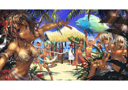 Rule 34 | 6+girls, :d, armlet, arms up, beach, bikini, blue eyes, blue hair, blush, bracelet, breasts, brown hair, cleavage, closed eyes, coconut, dark-skinned female, dark skin, dress, fang, fish, flower, food, fruit, hair flower, hair ornament, hairband, harem, hat, hibiscus, jewelry, large breasts, letterboxed, long hair, looking back, masa (masa-koba), multiple girls, necklace, one eye closed, open mouth, original, outstretched arms, palm tree, pineapple, purple eyes, red eyes, sarong, shirt, short hair, smile, strapless, sundress, swimsuit, taut clothes, taut shirt, tree, tube top, watermelon, white hair, wink