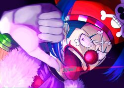 Rule 34 | 1boy, blue hair, buggy the clown, character name, clown nose, commentary, facepaint, facial hair, gloves, hat, highres, jolly roger, male focus, one piece, open mouth, pirate hat, piyopiyo abs, purple scarf, red nose, scarf, skull and crossbones, smile, solo, teeth, tongue, tongue out, white gloves