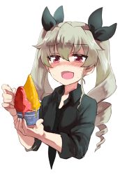 Rule 34 | 10s, 1girl, anchovy (girls und panzer), bad id, bad pixiv id, black shirt, blush, bowl, dress shirt, drill hair, food, girls und panzer, green hair, hair ribbon, holding, ice cream, long hair, military, military uniform, necktie, no jacket, oono imo, open collar, open mouth, red eyes, ribbon, shirt, sleeves rolled up, smile, solo, spoon, standing, sweat, twin drills, twintails, uniform, upper body