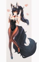 Rule 34 | 1girl, animal ears, bare shoulders, black footwear, black hair, black leotard, bow, bowtie, brown eyes, brown pantyhose, detached collar, double v, ehrrr, fox ears, fox tail, full body, gike, heart, high heels, highres, leotard, long hair, nontraditional playboy bunny, original, pantyhose, playboy bunny, ponytail, red bow, red bowtie, solo, standing, strapless, strapless leotard, tail, v, wolf ears, wolf tail, wrist cuffs