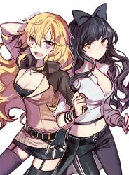 Rule 34 | 2girls, alternate costume, artist name, bad id, bad twitter id, belt, black hair, blake belladonna, blonde hair, blush, bow, breasts, cleavage, cleavage cutout, clothing cutout, commentary request, ecru, fingerless gloves, garter straps, gloves, hair bow, jewelry, locked arms, long hair, looking at viewer, medium breasts, multiple girls, navel, necklace, open clothes, open mouth, open shirt, purple eyes, rwby, shirt, skirt, smile, yang xiao long, yellow eyes