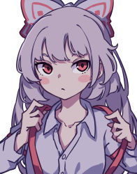 Rule 34 | 1girl, absurdres, blush stickers, bow, breasts, buttons, collarbone, collared shirt, fujiwara no mokou, hair bow, highres, hime cut, kame (kamepan44231), long hair, long sleeves, looking to the side, one-hour drawing challenge, red eyes, shirt, sidelocks, simple background, sleeve garter, small breasts, solo, suspenders, touhou, very long hair, white background, white bow, white hair, white shirt