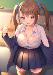 Rule 34 | 1girl, alexmaster, black skirt, black thighhighs, blue jacket, blush, breasts, brown hair, chalkboard, classroom, cleavage, collarbone, collared shirt, desk, dress shirt, eraser, jacket, large breasts, long hair, long sleeves, looking at viewer, open clothes, open jacket, open mouth, original, pleated skirt, purple eyes, school uniform, shirt, sidelocks, skirt, solo, thighhighs, thighs, twintails, white shirt