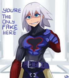 Rule 34 | 1boy, bad id, bad pixiv id, belt, bodysuit, crazy eyes, english text, gradient background, green eyes, grin, kingdom hearts, kingdom hearts chain of memories, lightsource, looking at viewer, male focus, parted lips, pointing, riku replica, silver hair, smile, solo, striped, striped background