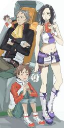 Rule 34 | 2boys, 2girls, annoyed, ascot, bare shoulders, belt, belt buckle, belt pouch, black jacket, blue pants, blush stickers, boots, brown belt, brown hair, brown pants, buckle, closed eyes, closed mouth, crop top, crossed arms, cup, disposable cup, eureka (eureka seven), eureka seven, eureka seven (series), facial hair, goatee, grey eyes, grey hair, high collar, highres, holding, holding cup, holland novak, holster, interlocked fingers, jacket, knees up, long sleeves, looking to the side, medium hair, midriff, miniskirt, multiple boys, multiple girls, navel, own hands together, pants, pants rolled up, parted lips, pilot chair, pouch, renton thurston, rueisi (namezari), shirt, shoes, short hair, simple background, sitting, skirt, sleeveless, sleeveless shirt, sneakers, spoken character, standing, talho yuuki, thigh holster, thigh strap, thought bubble, white background, white footwear, white jacket, yellow ascot, yellow eyes