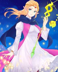 1girl absurdres blonde_hair blue_eyes cloak dress gold_circlet highres holding holding_staff hood hooded_cloak mage_staff nintendo pointy_ears princess_zelda purple_tunic see-through see-through_dress smile solo staff the_legend_of_zelda the_legend_of_zelda:_echoes_of_wisdom tri_(zelda) tri_rod truejekart tunic