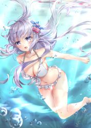 Rule 34 | 1girl, absurdres, bare arms, bare shoulders, bikini, blue eyes, blue ribbon, breasts, collarbone, commentary request, flower, frills, hair flower, hair ornament, hair ribbon, hane yuki, highres, large breasts, long hair, looking at viewer, navel, original, purple hair, red flower, ribbon, smile, solo, swimsuit, very long hair, water, white bikini