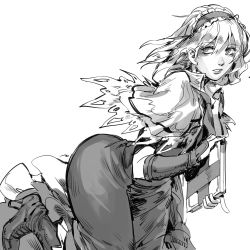 Rule 34 | 1girl, alice margatroid, book, boots, bracer, capelet, frilled hairband, frills, greyscale, hairband, high heel boots, high heels, holding, holding book, monochrome, parted lips, ruukii drift, short hair, simple background, skirt, solo, touhou, white background