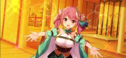 1girl :d breasts cape detached_sleeves game_cg hair_ornament highres japanese_clothes large_breasts looking_at_viewer moe!_ninja_girls moe!_ninja_girls_rpg momochi_myu official_alternate_costume official_art open_mouth outstretched_arms pink_eyes pink_hair smile solo third-party_source upper_body wide_sleeves yellow_theme