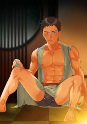 Rule 34 | 1boy, abs, bare arms, bare legs, bare shoulders, barefoot, black hair, black male underwear, blue eyes, blurry, boxer briefs, bulge, collarbone, crotch seam, depth of field, grey kimono, hamukazuchan, hand up, indoors, japanese clothes, kimono, knees up, light smile, looking at viewer, male focus, male underwear, navel, nipples, on floor, open clothes, open kimono, original, pectorals, short hair, sitting, sleeveless, sleeveless kimono, solo, spread legs, tatami, toned, toned male, underwear, yukata