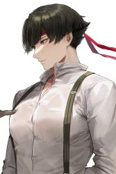 Rule 34 | 2boys, ace attorney, black hair, collared shirt, headband, highres, kazuma asogi, large pectorals, magulomaen, male focus, multiple boys, muscular, muscular male, parted lips, pectorals, red headband, shirt, short hair, simple background, solo focus, suspenders, the great ace attorney, upper body, white background, white shirt