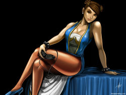 Rule 34 | 1girl, alternate costume, alternate hairstyle, bare shoulders, benjamin ang, bracelet, breasts, brown hair, capcom, chun-li, cleavage, controller, dress, earrings, game console, game controller, high heels, image sample, jewelry, large breasts, leaning back, crossed legs, lips, muscular, nose, pantyhose, sega mega drive, shoes, side slit, signature, sitting, solo, spiked bracelet, spikes, street fighter