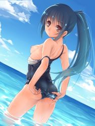 Rule 34 | 1girl, adjusting clothes, adjusting swimsuit, ass, bare shoulders, blue hair, blush, breasts, brown eyes, clothes pull, cloud, dutch angle, female focus, long hair, looking at viewer, looking back, meganekko kurabu, nipples, off shoulder, one-piece swimsuit, one-piece swimsuit pull, original, outdoors, partially submerged, ponytail, school swimsuit, sideboob, sky, small breasts, solo, standing, strap slip, swimsuit, wading, water, wet