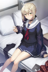 Rule 34 | 1girl, ahoge, artoria pendragon (fate), black jacket, black shirt, black skirt, black thighhighs, blonde hair, blush, braid, commentary request, fate/grand order, fate (series), frown, hair between eyes, highres, indoors, jacket, long sleeves, looking at viewer, mysterious heroine x alter (fate), mysterious heroine x alter (first ascension) (fate), nonderi, scarf, shirt, sitting, skirt, solo, thighhighs, unworn thighhighs, yellow eyes