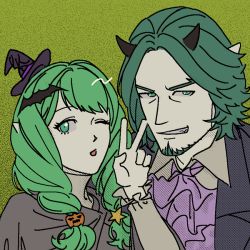 Rule 34 | 1boy, 1girl, 53t3th, costume, facial hair, fake horns, fire emblem, fire emblem: three houses, flayn (fire emblem), green background, green eyes, green hair, grin, hair ornament, halloween, halloween costume, hat, horns, matching hair/eyes, nintendo, one eye closed, open mouth, seteth (fire emblem), simple background, smile, v, wink, witch, witch, witch hat