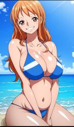 Rule 34 | ai-generated, beach, bikini, breasts, highres, huge breasts, nami (one piece), one piece, swimsuit