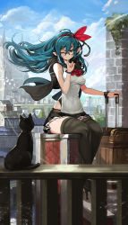 Rule 34 | 1girl, ;), ahoge, animal, aqua eyes, aqua hair, ascot, bad id, bad pixiv id, bare arms, bare shoulders, black cat, black hairband, black skirt, black thighhighs, blue sky, bracelet, breasts, building, capelet, castle, cat, city, closed mouth, cloud, day, floating hair, foreshortening, goomrrat, hair ribbon, hairband, highres, jewelry, long hair, medium breasts, one eye closed, original, outdoors, pinky out, pleated skirt, pointy ears, red ascot, red ribbon, ribbon, rolling suitcase, semi-rimless eyewear, skirt, sky, sleeveless, smile, solo, suitcase, thighhighs, under-rim eyewear, wind, zettai ryouiki