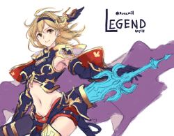 Rule 34 | 1girl, blonde hair, blue gloves, blue shorts, brown eyes, cape, closed mouth, commentary, djeeta (granblue fantasy), elbow gloves, english commentary, floating hair, gloves, granblue fantasy, highres, holding, holding sword, holding weapon, looking at viewer, medium hair, midriff, navel, pink cape, runemill, short shorts, shorts, simple background, smile, solo, standing, sword, weapon, white background