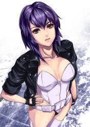 Rule 34 | 1girl, collarbone, din (raiden), fingerless gloves, foreshortening, ghost in the shell, ghost in the shell stand alone complex, gloves, hand on own hip, jacket, kusanagi motoko, leotard, looking at viewer, purple eyes, purple thighhighs, red eyes, short hair, solo, standing, thighhighs